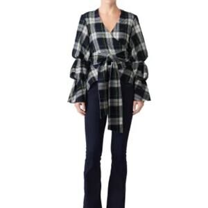 Petersyn Plaid Dexter Top Sz M navy green white puff sleeve